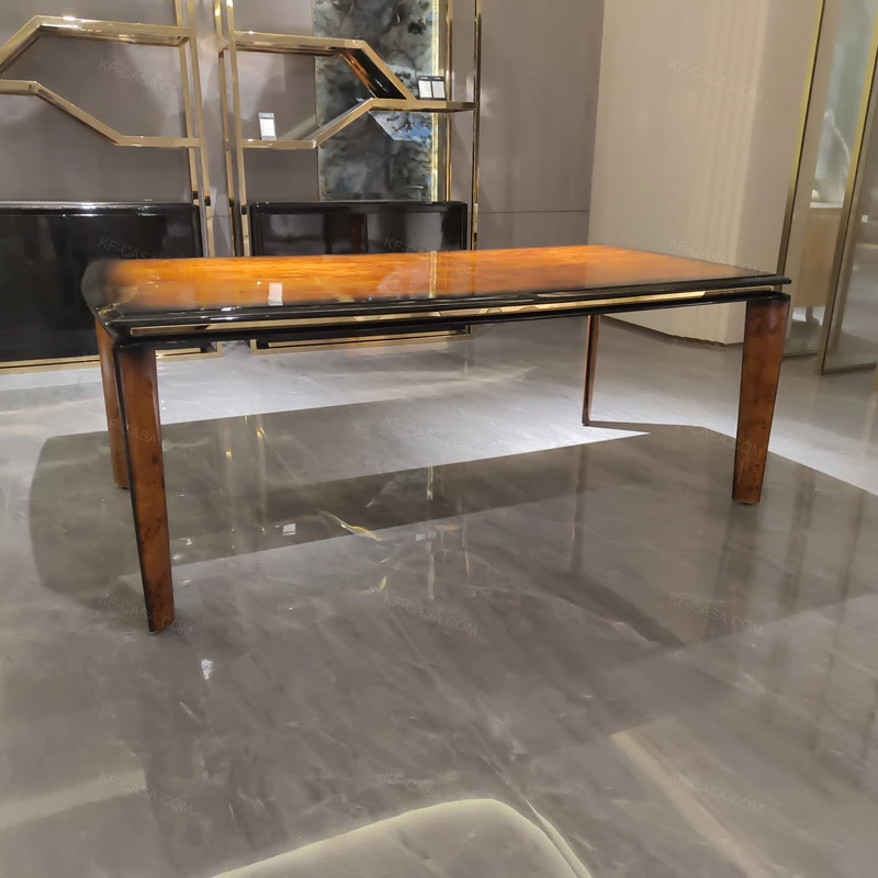 Orange Burl Natural Wood Veneer Dining Table with Gold Stainless Steel Trim